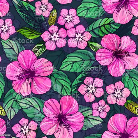 Summer Colorful Hawaiian Seamless Pattern With Tropical Plants And Hibiscus Stock Illustration