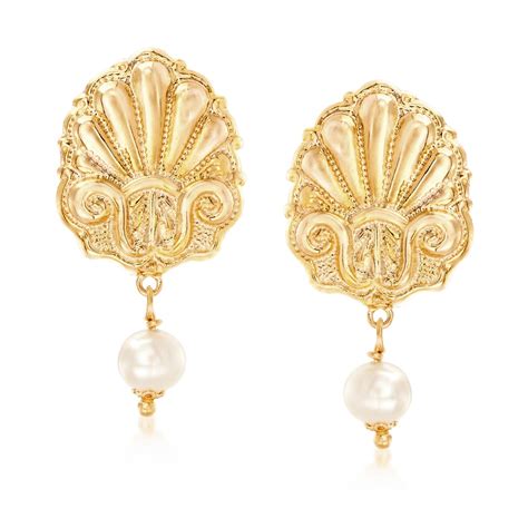 Italian Cultured Pearl Seashell Earrings In 18kt Yellow Gold Over