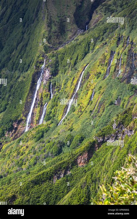 Azores Landscape With Waterfalls And Cliffs In Flores Island Portugal