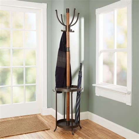 Dawson Wood And Metal Coat Rack With Umbrella Stand Brown Silverwood