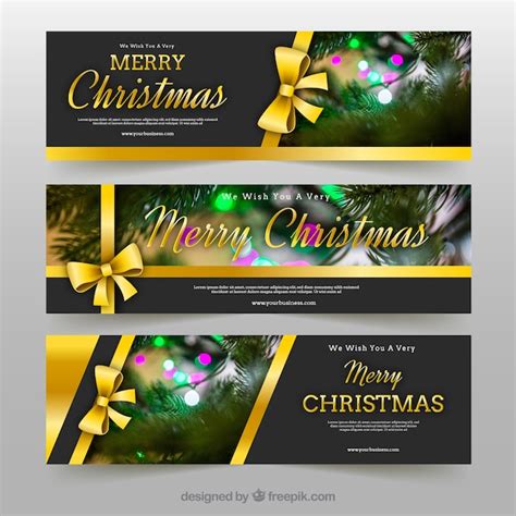 Banners De Feliz Navidad Con Lazos Dorados Vector Gratis