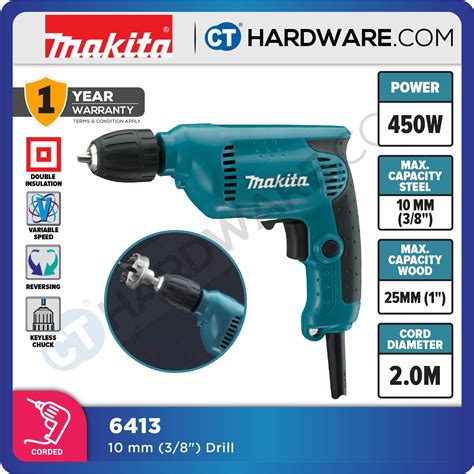 Makita 6413 Corded Hand Drill 10mm 38 450w 0 3400 Rpm Keyless