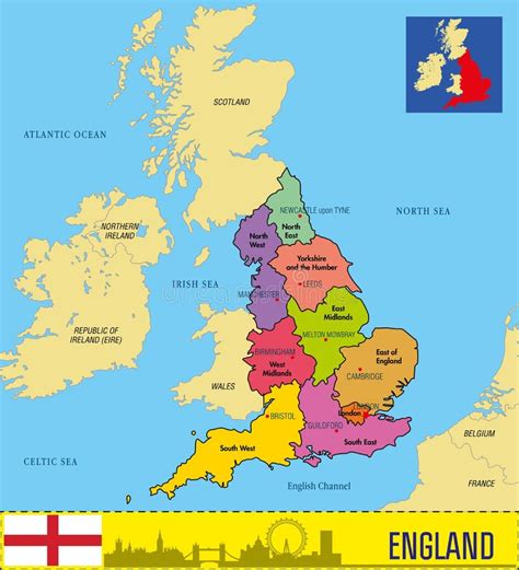 Mapa Político De Inglaterra Con Regiones Y Sus Capitales Ilustración