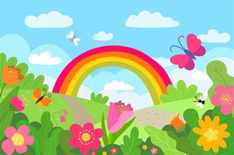 Paisaje Primaveral Dibujado A Mano Con Arcoiris Vector Gratis