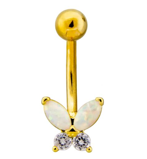 Gold Pvd White Opalite Butterfly Cz Stainless Steel Belly Button Ring