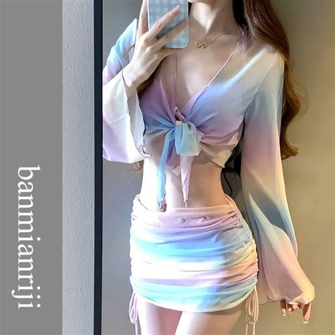 Four Piece Bikini Beach Resort Hot Spring Long Sleeved Swimsuit Halterneck Swimwear Cover Up