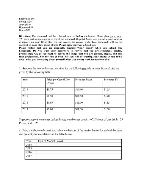 Answerstohomework 4spring 2020 Economics 101 Spring 2020 Answers To