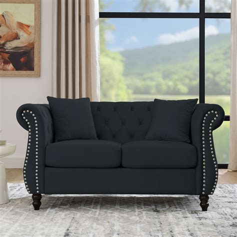 Chesterfield Velvet Loveseat Sofa With 2 Pillows Classic 2 Seater Tufted Couch With Rolled Arms