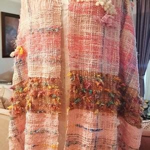 Pink Shades Handwoven Wrap Shawl Scarf In Saori Style Art Woven