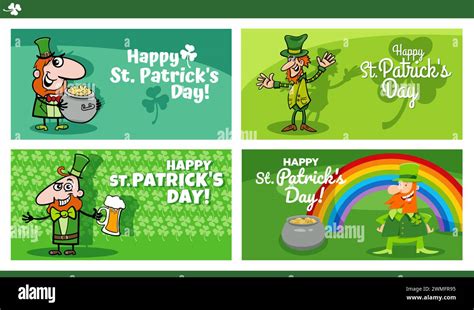 Cartoon Illustration Of Saint Patrick Day Greeting Cards Design Set