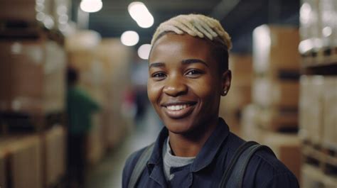 Premium Photo A Smiling African Female Factory Worker Standing In