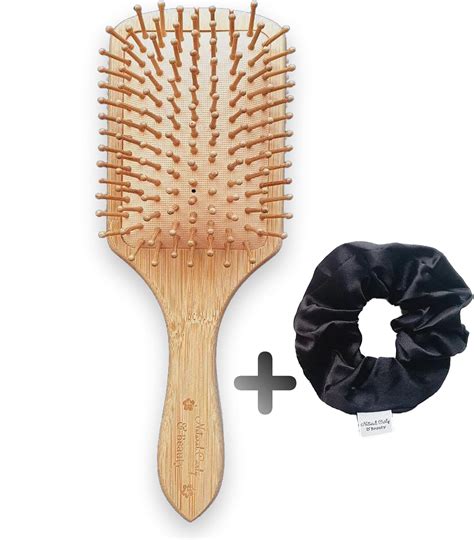 Brosse Cheveux En Bois De Bambou Naturel Avec Chouchou En Satin Noir