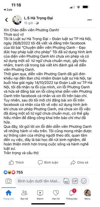 Liên quan đến vụ ồn ào xung quanh nữ diễn viên Phương Oanh Luật sư xin