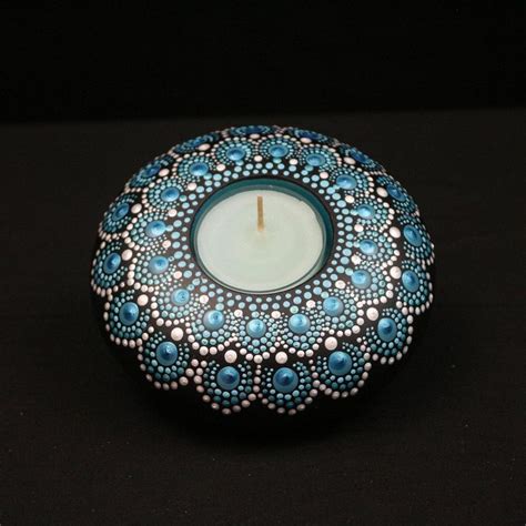 Blue Pearl Tealight Candle Holder Mandala Dot Art Painted Etsy Tea