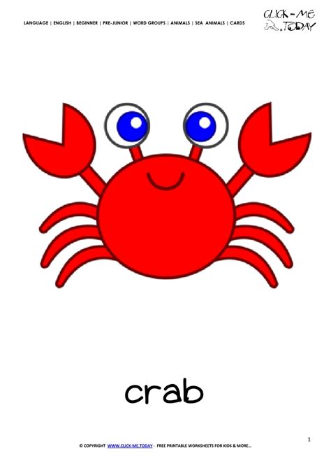 Sea Animal Flashcard Crab Printable Card Of Crab
