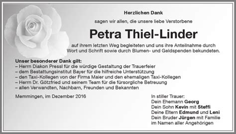 Traueranzeigen Von Petra Thiel Linder Allg Uer Zeitung