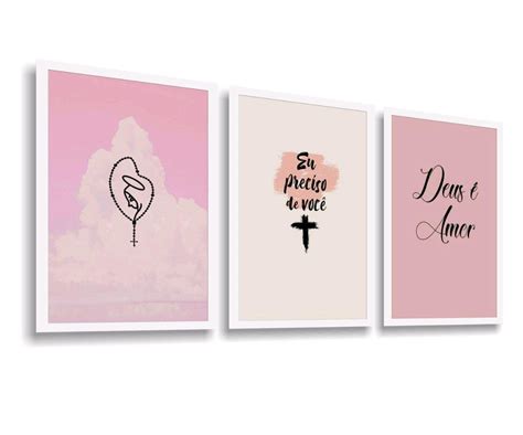 kit 3 Quadro decorativo frases religiosas Deus é amor rosa Elo7