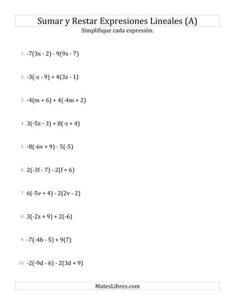 Sumar Restar Y Simplificar Expresiones Lineales Que Siempre Incluyen