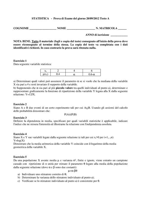 Esempio Prova D Esame 12 Febbraio 2013 Domande STATISTICA Prova Di