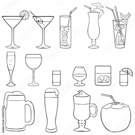 Vector Set Of Lineart Cocktails And Alcohol Drinks Cocktails Drawing