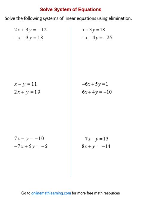 Elimination Problems Worksheet Solving Equations By Eliminat