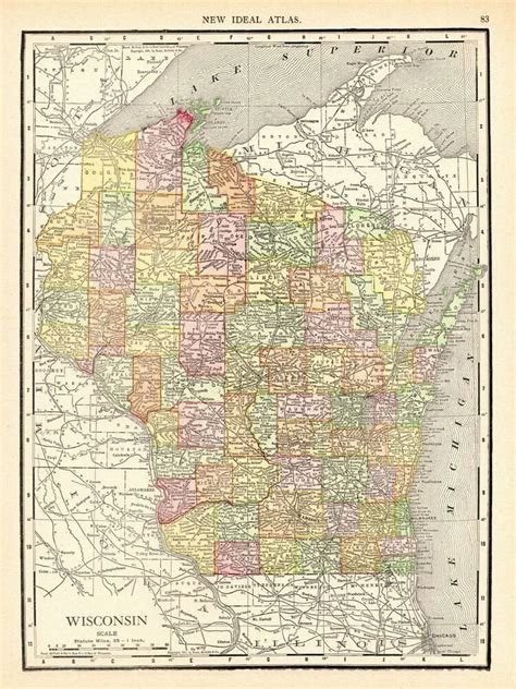 1913 Antique WISCONSIN Map Original Vintage Map of Wisconsin State Map ...