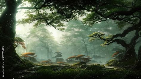 Dark Japanese Garden With Big Old Trees Japanese Forest Park Fantasy