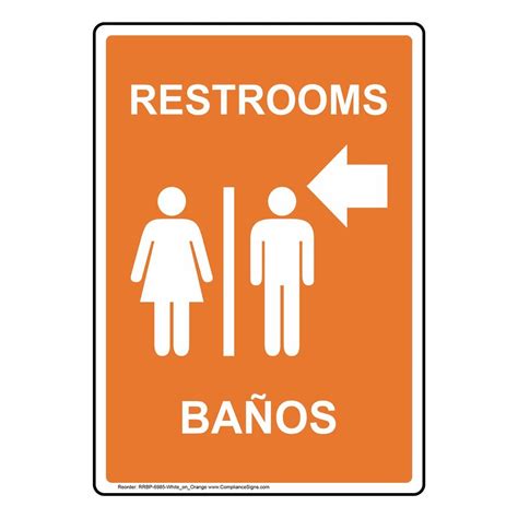 Orange Restrooms Baños Flecha izquierda Inglés etiqueta adhesiva