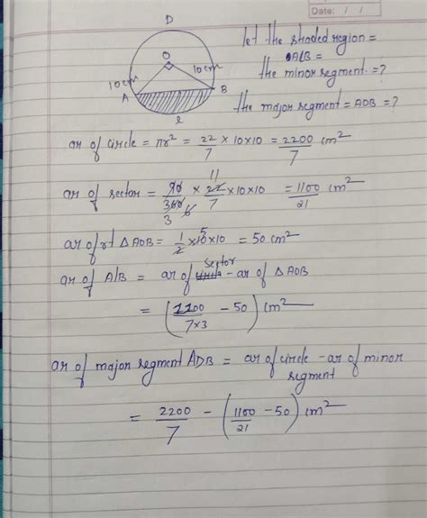 A Chord Of Cicle Of Radius 10 Cm Subtends A Right Angle At The Center