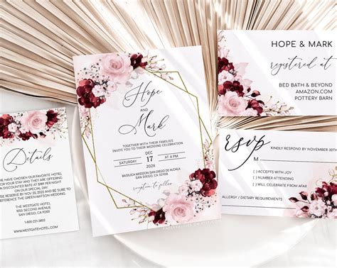 Hope Burgundy Blush Wedding Invitation Wedding Invitation Template