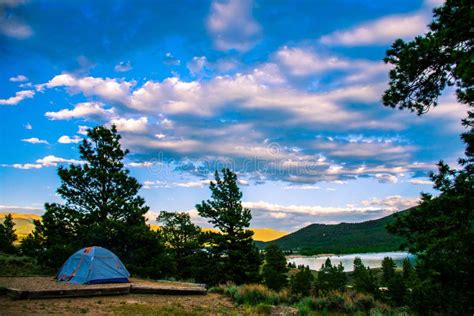 Camping Colorado Evening With Tent And Lake Side View Stock Photo ...