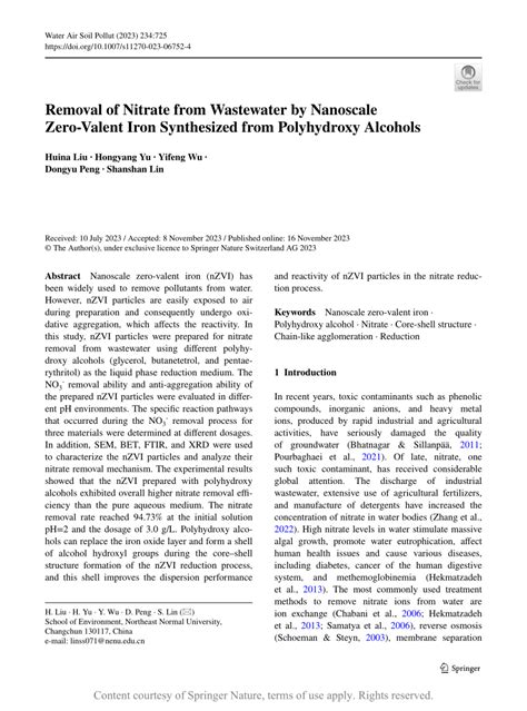 Removal of Nitrate from Wastewater by Nanoscale Zero-Valent Iron Synthesized from Polyhydroxy ...