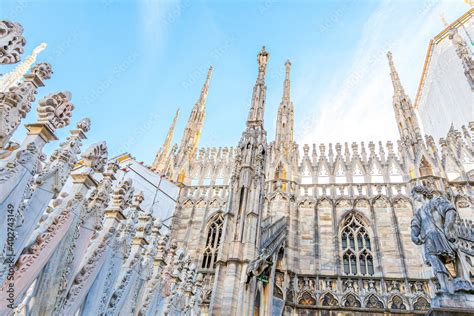 Roof Of Milan Cathedral Duomo Di Milano With Gothic Spires And White