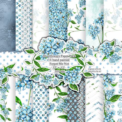 Blue Flowers Digital Paper Pack Planner Stickers Printable Watercolor