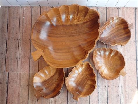 Vintage Monkey Pod Wood Bowl Set Of 5 Leaf Shaped Bowls With Large