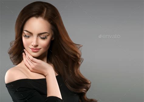 Brunette With Perfect Hair Woman Beautiful Portrait With Healthy Long Hairstyle Curly And