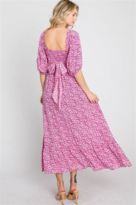 Fuchsia Floral Smocked Maxi Dress Pinkblush