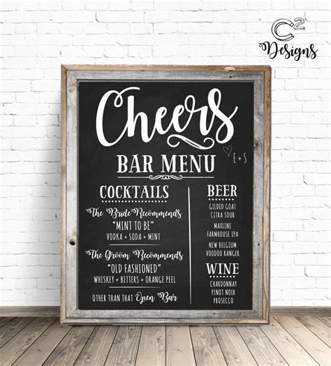 Cheers Chalkboard Wedding Bar Menu Sign Custom Digital File | Etsy