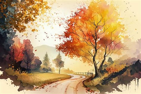 Premium Photo Autumn Trees And Yellow Leaves Watercolor Painting Ai