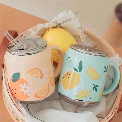 Cute Ceramic Fruity Soft Drink Can Cup Mug With Straw Cute Home Decor