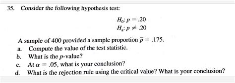 Solved 35 Consider The Following Hypothesis Test Ho P 20 H P