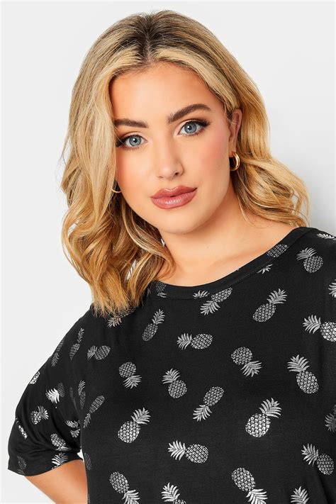 Yours Plus Size Black Pineapple Foil Print T Shirt Yours Clothing