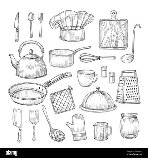 Hand Drawn Cooking Tools Kitchen Equipment Kitchenware Utensils Vintage Sketch Vector