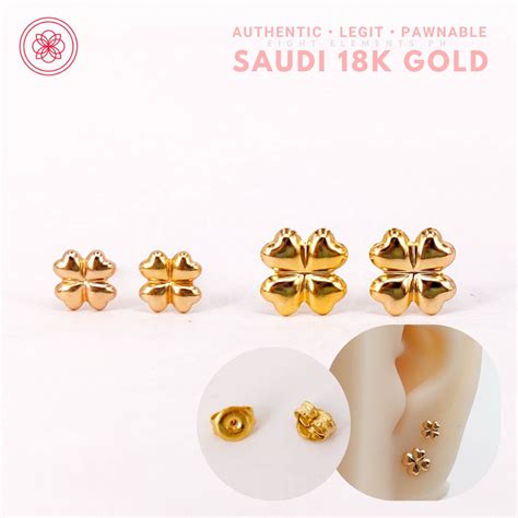 Cod Pawnable K Earrings Saudi Real Pure Gold Clover Stud Earrings W