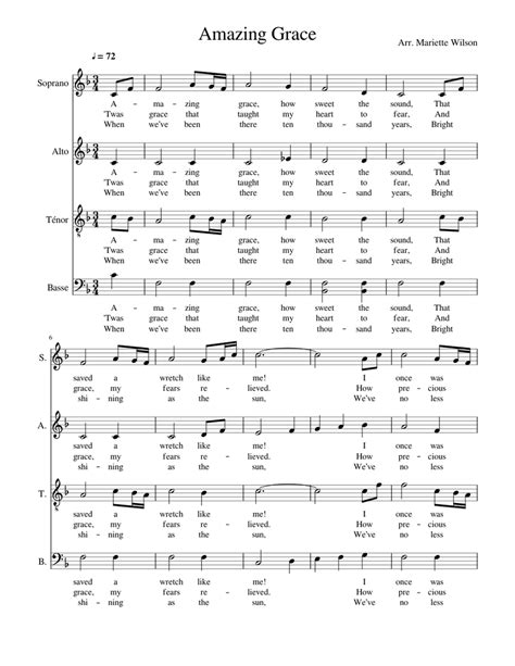 Amazing Grace Sheet Music For Soprano Tenor Alto Bass Satb