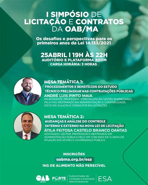 OAB MA PROMOVE I SIMPÓSIO DE LICITAÇÃO E CONTRATOS Notícias OAB MA