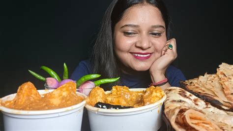 Eating Indian Food Shahi Paneer Garlic Naan Laccha Parantha