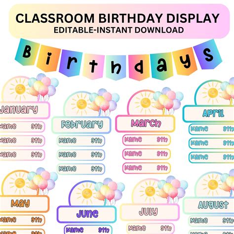Classroom Birthday Printable Display Editable in Canva Watercolor