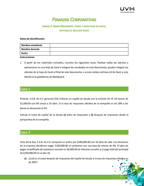 U5 Solucion Casos A6 FINANZAS CORPORATIVAS UNIDAD 5 RIESGO