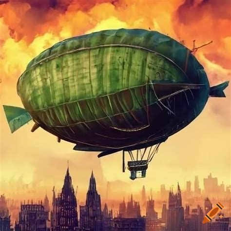 Steampunk Airship Flying Over A Burning City On Craiyon